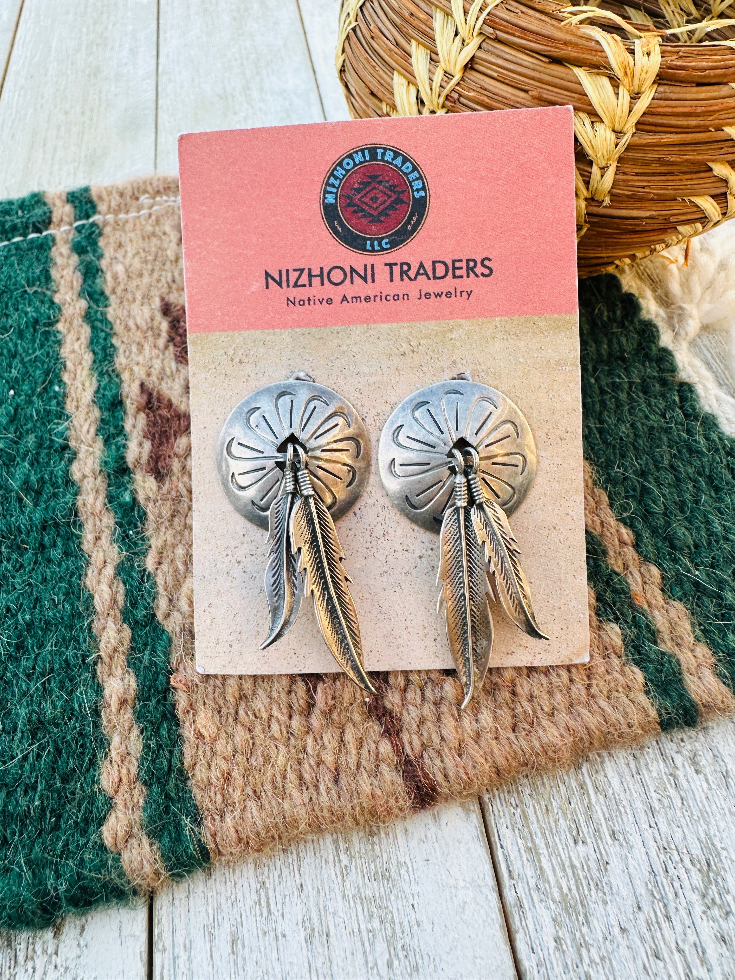 Handcrafted Old Pawn Sterling Silver Feather Concho Dangle Earrings